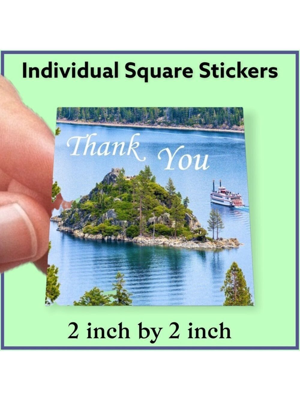 100 (2x2 Inch) Square Stickers, Lake Tahoe Fannette Island Emerald Bay Thank You
